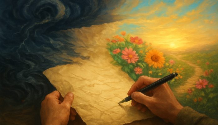 Person rewriting crumpled life roadmap as storms bloom into flowers at sunrise