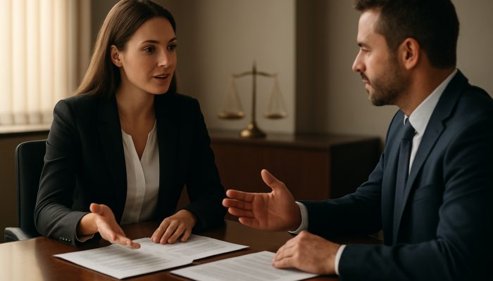 Professionals negotiating employment contracts at a table in a sleek UK office.