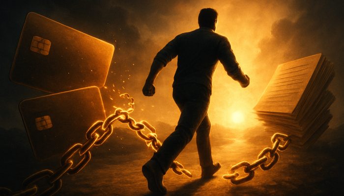 Individual breaking glowing chains of credit cards towards sunlit financial freedom in a symbolic manner.