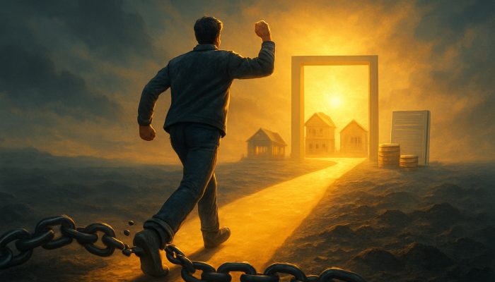 Determined individual breaking free from debt chains towards better homes and loans.