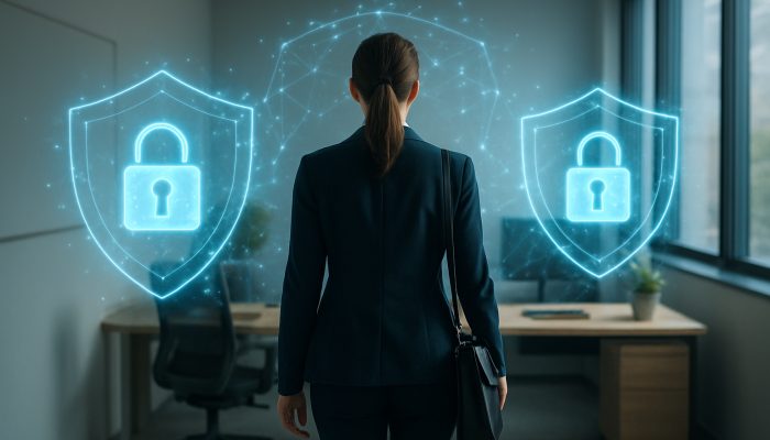 Reviewing the Plan When You Return to Work: Essential Steps | DCL Employee returning to serene office, protected by glowing digital shields and locks for GDPR privacy.