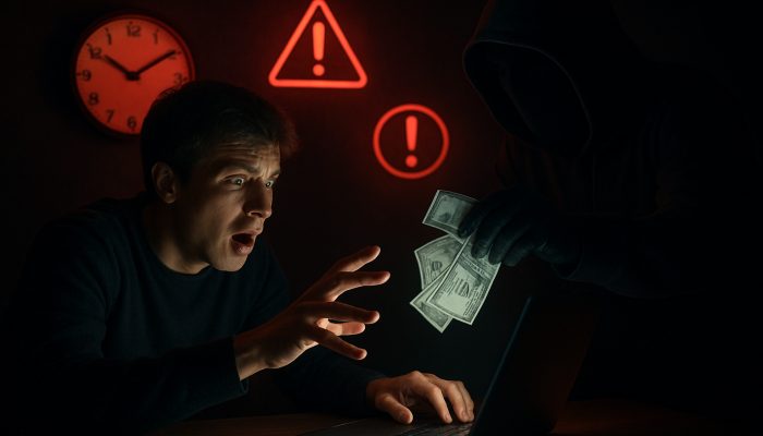 Panicked victim reaches for money stolen by hooded scammer near glowing laptop with red warnings