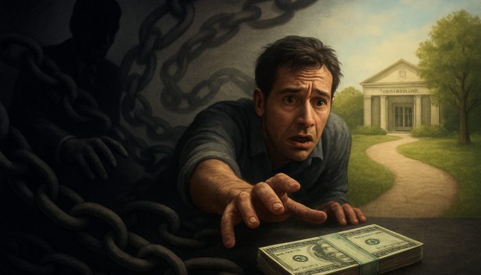 Desperate borrower reaching for cash from shadowy payday lender amid debt chains, toward credit union path.