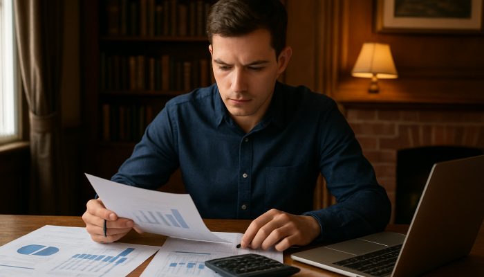 Young professional reviewing income expense charts at wooden desk in British study for budgeting