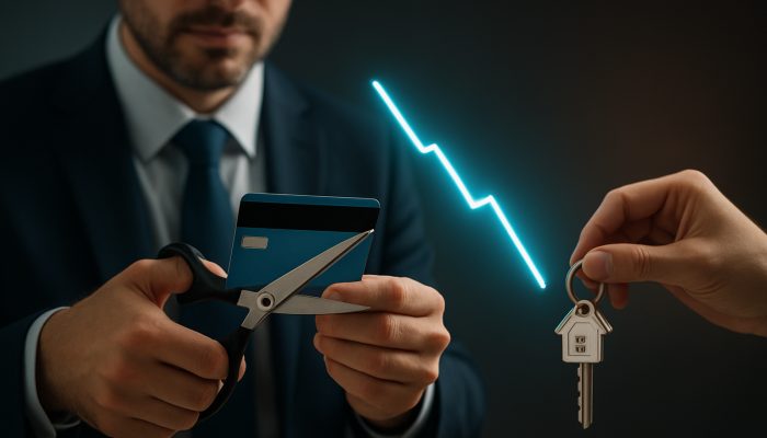 Professional cuts credit cards with scissors as utilization plummets on chart, unlocking mortgage and home keys.