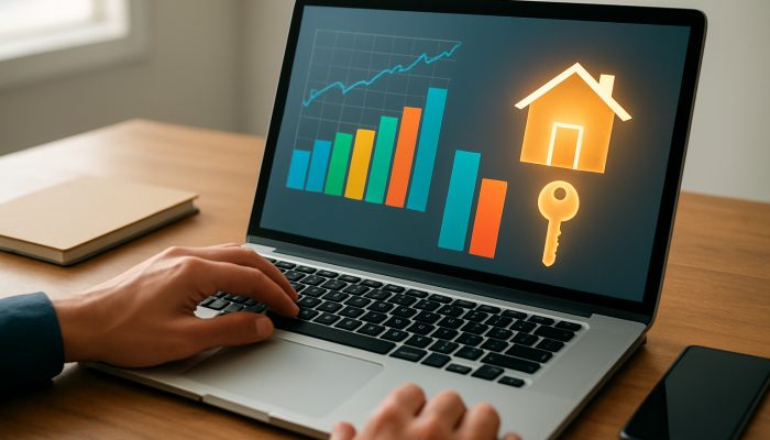 Person reviewing credit charts on laptop with dropping utilization bars and glowing house key for mortgage success