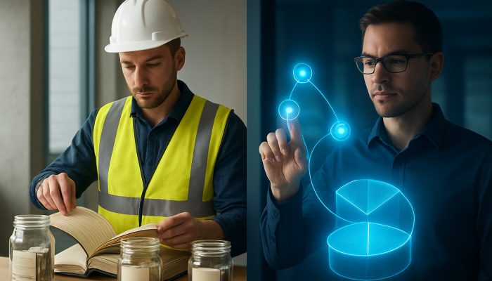 Keeping Tax Money Separate From Loan Cash: Practical Advice | DCL Split-screen office: construction manager sorts tax ledgers beside tech founder automating holographic fund separation for UK compliance.