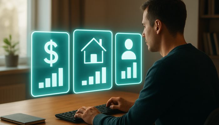 Individual examining glowing eligibility charts for community lender approval in a professional office