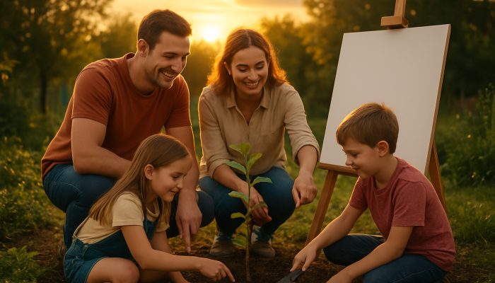 Family of four planting sapling at sunset while pointing to goal chart on easel
