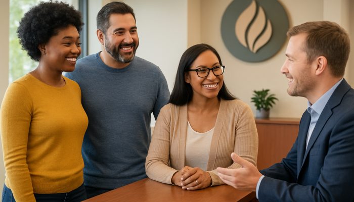Diverse community members receiving guidance at a welcoming local credit union for financial support.