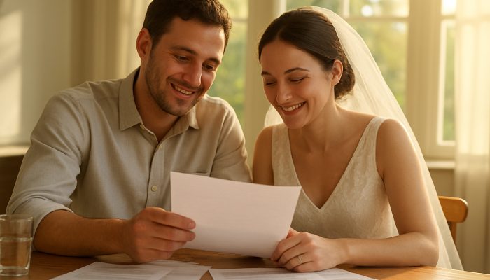 Relieved couple merges debt papers into one document after wedding in sunlight