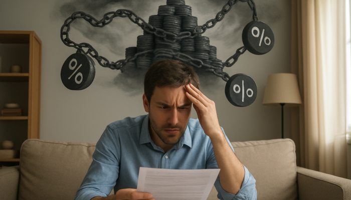 Spotting High Fee Consolidation Deals: Avoid Traps | DCL Stressed UK borrower reviews loan contract as fees and interest form towering debt mountain