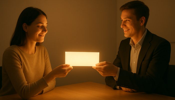 Borrower handing glowing cheque to smiling lender in modern office for single repayment loan