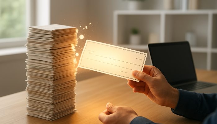 Person receiving glowing refund check reducing debt stack in modern home office with laptop plan