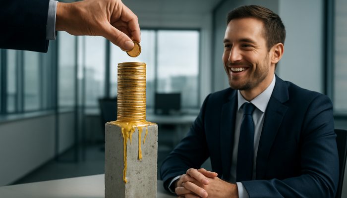 Hand directs tax refund coins onto loan ledger, melting interest for relieved debtor in UK office