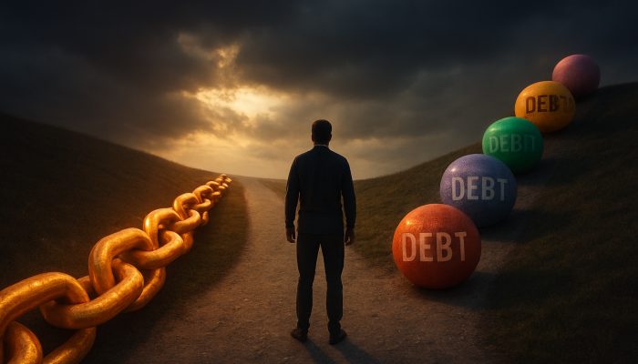 Person at forked path choosing between merging debt chains and rolling snowball debts