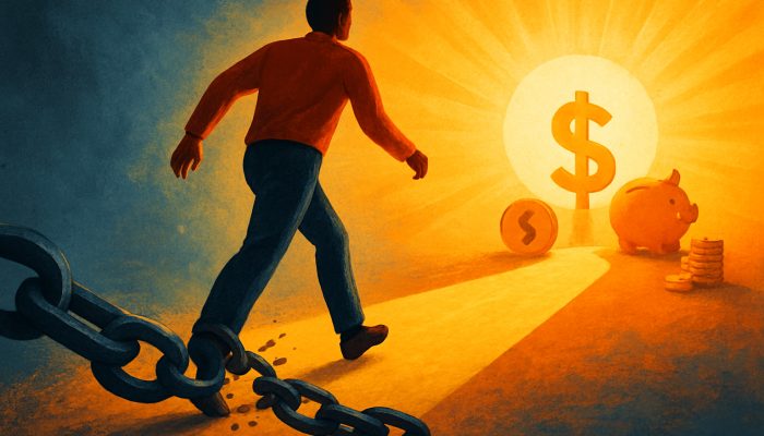 Person breaking free from high-interest debt chains toward affordable loans and savings.