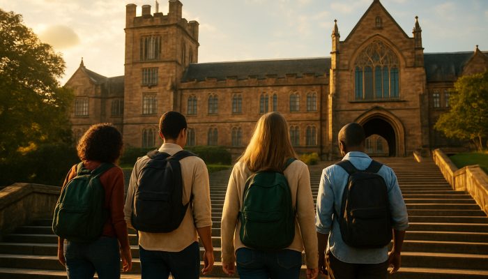 Diverse students ascending steps to historic Welsh university bathed in golden sunlight, symbolising equitable education access.