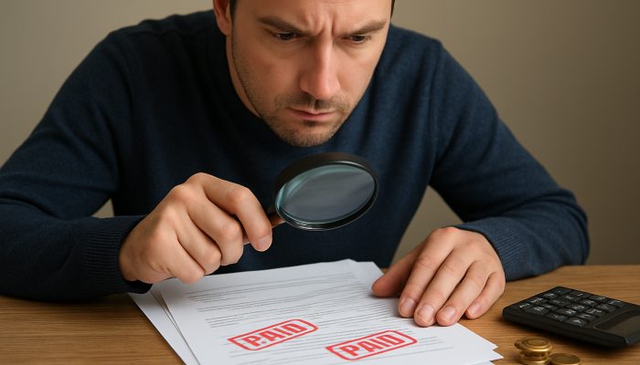Is It Worth Overpaying a New Loan: Key Factors to Consider | DCL UK borrower reviews loan papers with magnifying glass, red penalty stamps, calculator and coins nearby.
