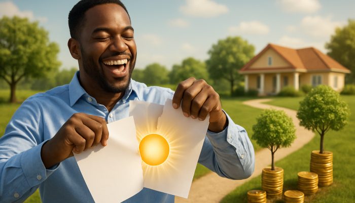 Is It Worth Overpaying a New Loan: Key Factors to Consider | DCL Joyful borrower tearing loan contract, revealing glowing credit score and sunny retirement savings path.