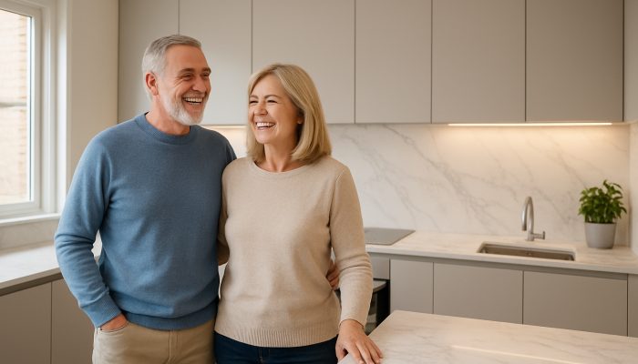Smiling British couple admiring bright modern kitchen with sleek cabinets after equity release renovations