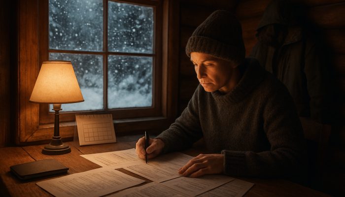 Individual budgeting debts in a cosy snowy cabin by lamplight with a winter planning calendar.