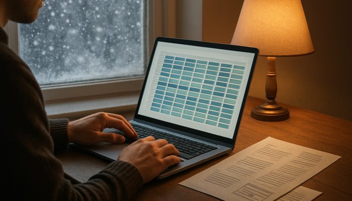 Individual reviewing winter budget spreadsheet on a laptop by a frosted window with falling snow and utility bills.
