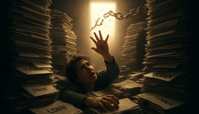 Stressed individual overwhelmed by bills reaching for a glowing debt relief exit with breaking chains