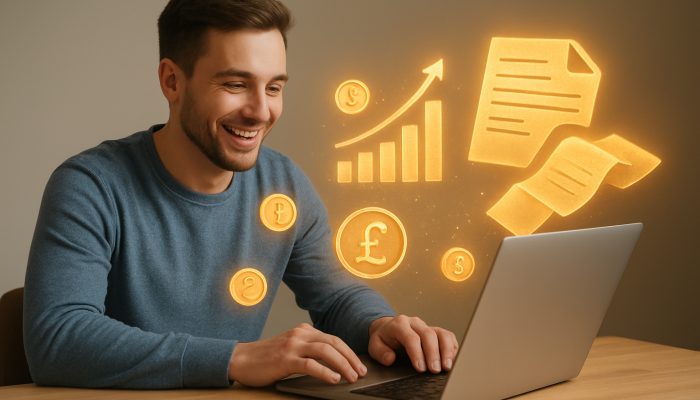 Smiling UK borrower utilises a debt consolidation calculator on laptop, viewing glowing graphs and floating coins
