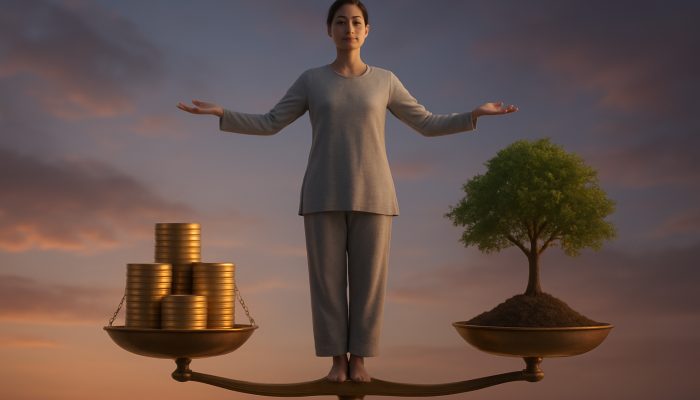 Serene figure balancing golden earnings and thriving savings tree on glowing scale at twilight
