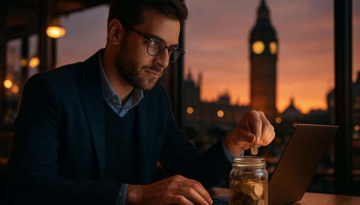 London marketing executive drops coins into savings jar at cafe with laptop and Big Ben at dusk
